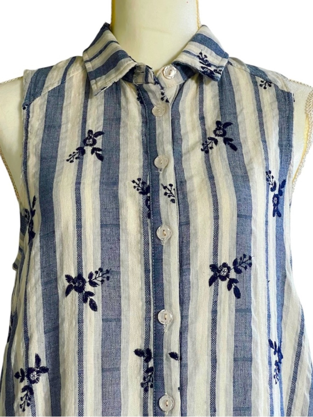 Boho Chic Embroidered Cotton Striped Appliqué Midi Dress Blue and Ivory Size S - Picture 7 of 12